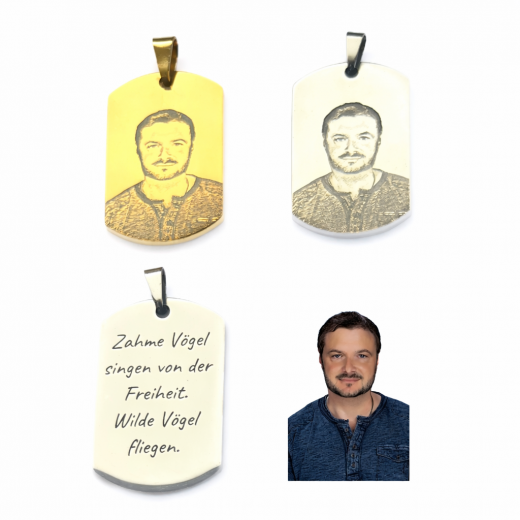 Edelstahl Anhänger mit Foto-Gravur im Vektorporträt-Design