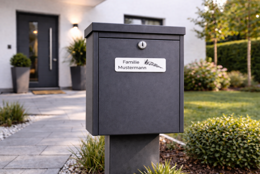 Selbstklebendes Briefkastenschild im Einsatz – einfache Montage ohne Bohren. Wetterfest und UV-beständig für den Außenbereich geeignet.