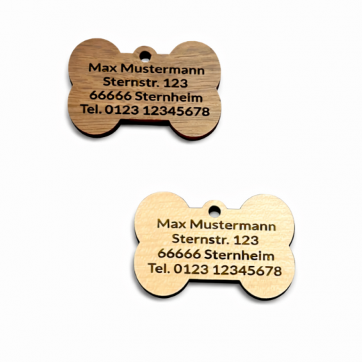 Personalisierter Tieranhänger in Knochenform aus Massivholz (Vollholz / Echtholz) mit individueller Gravur. Nachhaltige Hundemarke aus Echtholz mit natürlicher Maserung, robustem Schlüsselring und hochwertiger Verarbeitung.