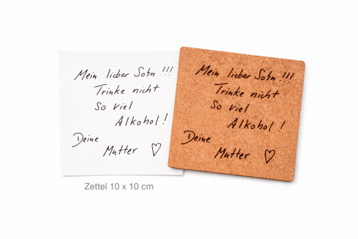 Personalisierter Untersetzer mit echter Handschrift – wahlweise aus Holz oder Kork, individuell graviert