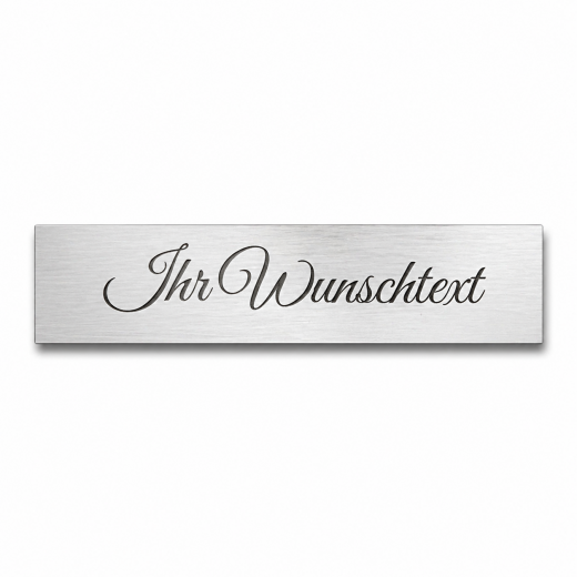 Gebürstetes Edelstahlschild mit individueller Gravur. Individuelle Maße bis 70 x 30 mm sowie feste Schildergrößen wählbar. UV- und witterungsbeständig sowie für den Innen- und Außenbereich geeignet.