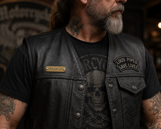 Individuell graviertes Namensschild aus gebürstetem Messing. Das Schild eignet sich besonders zur Befestigung an Biker-Kutten, Lederwesten, Taschen oder als persönliches Kennzeichnungsschild.