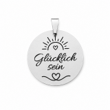 Runder Schlüsselanhänger aus Edelstahl mit liebevollem Motiv „Glücklich sein“ auf der Vorderseite und individueller Wunschgravur auf der Rückseite. Der Anhänger hat einen Durchmesser von ca. 34 mm und eine Materialstärke von ca. 1 mm. Ideal als persönlich